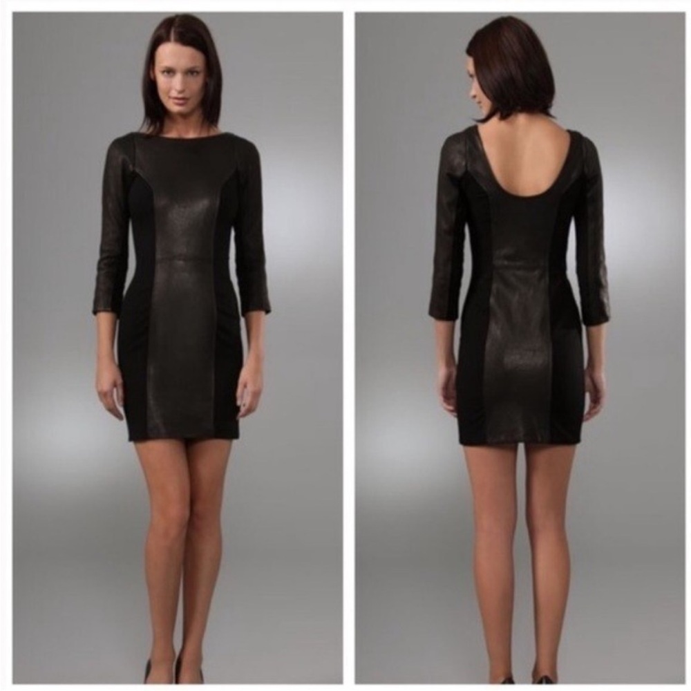 DVF Genuine Leather Bodycon Scoop Back Midi Dress